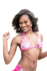 a young woman in a pink bikini posing for the camera