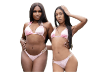 two women in pink bikinis standing next to each other