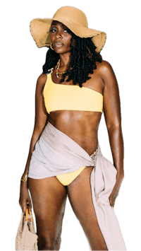 a black woman in a yellow bikini and hat