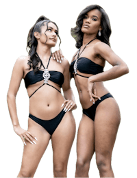 two women in black bikinis standing next to each other